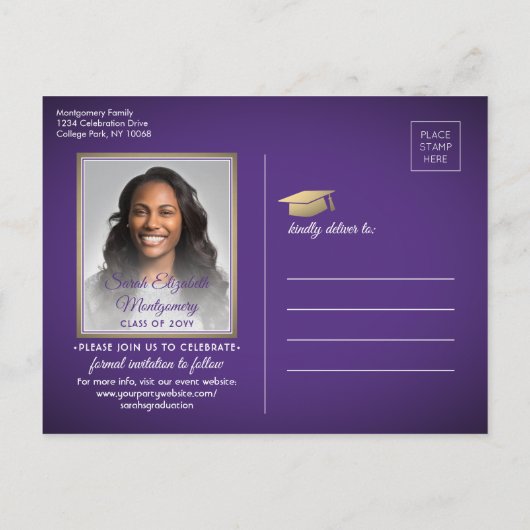 Gefeliciteerd Afstudeerder Paarse en Goud Save the Aankondigingskaart (Achterkant)
