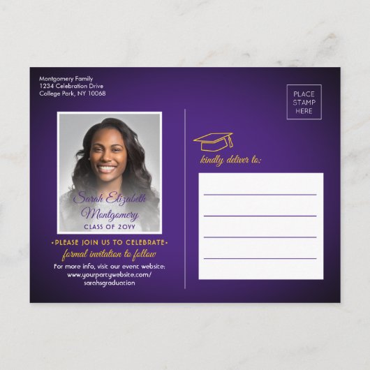 Gefeliciteerd Afstudeerder Paarse en Goud Save the Aankondigingskaart (Achterkant)