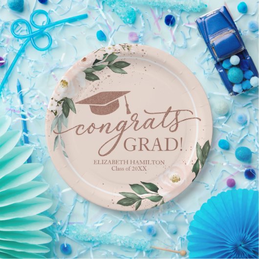 Gefeliciteerd Afstudeerder Pink Blush Bloemen Grad Papieren Bordje (Feest)
