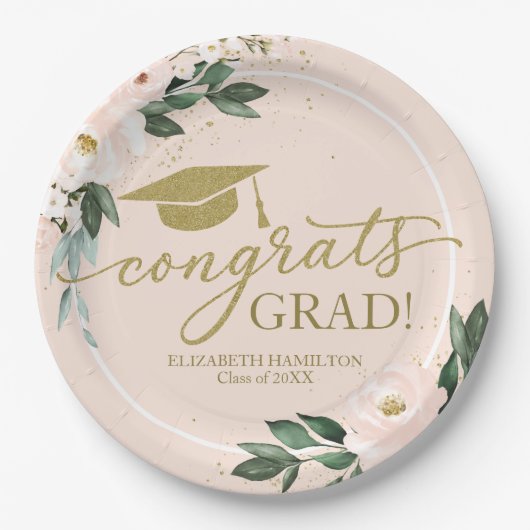 Gefeliciteerd Afstudeerder Pink Blush Bloemen Grad Papieren Bordje (Voorkant)