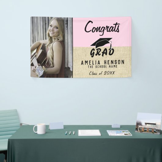 Gefeliciteerd Afstudeerder Roze Roze Rustic Fotogr Spandoek (Beurs)