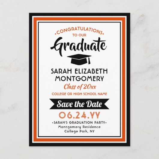 Gefeliciteerd Afstudeerder Sinaasappel en Zwart Sa Aankondigingskaart (Voorkant)