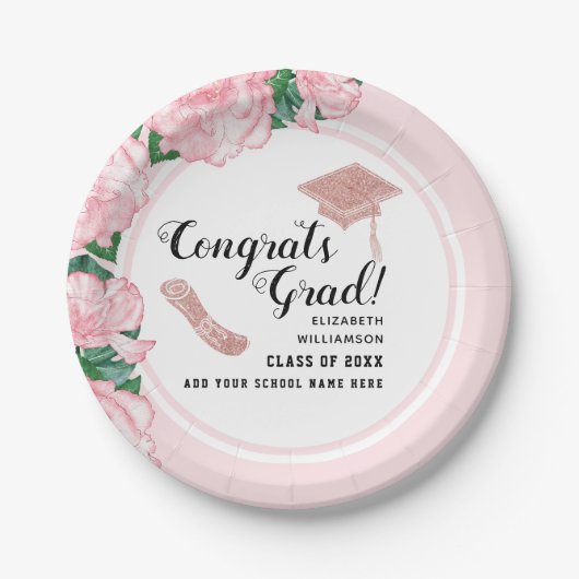Gefeliciteerd Afstudeerder Wit Roze Bloemen Afstud Papieren Bordje (Voorkant)
