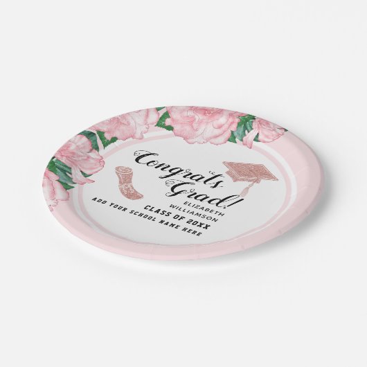 Gefeliciteerd Afstudeerder Wit Roze Bloemen Afstud Papieren Bordje (Gekanteld)
