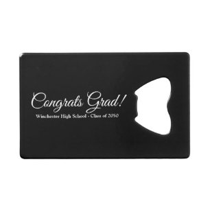 Gefeliciteerd afstudeerder zwart aangepaste script creditkaart flessenopener