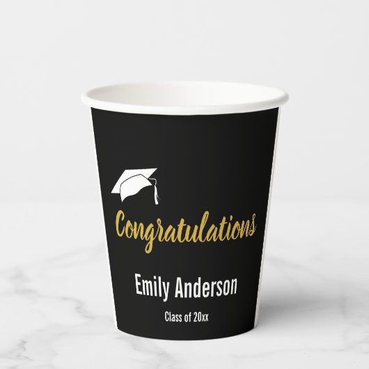 Gefeliciteerd Afstudeerder Zwart Wit Goud Afstuder Papieren Bekers (Achterkant)