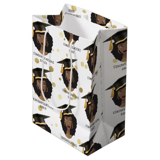 Gefeliciteerd Afstudeerder! Zwarte vrouw met stuik Medium Cadeauzakje (Voorkant Gekanteld)