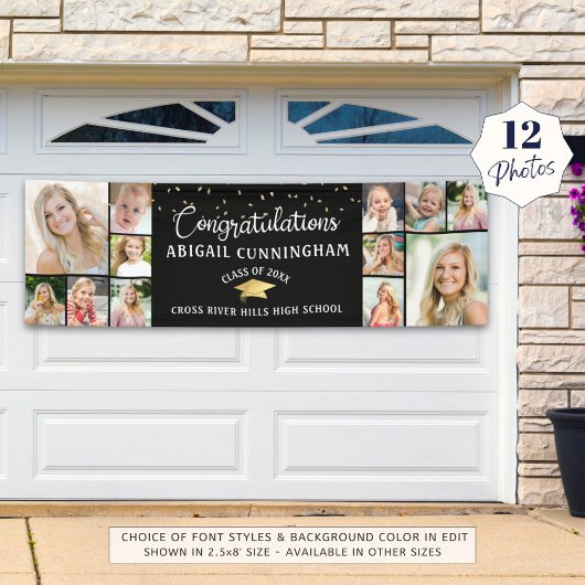 Gefeliciteerd Afstuderen 12 foto Collage Black Spandoek