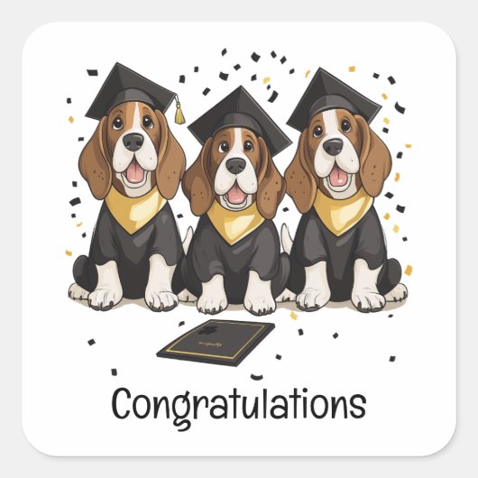 Gefeliciteerd Afstuderen Basset Hound Dogs Vierkante Sticker (Voorkant)
