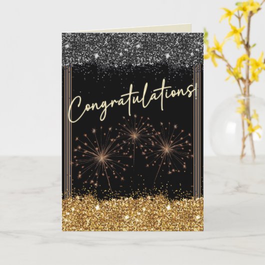 Gefeliciteerd Afstuderen Black & Gold Sparkle Kaart (Gele Bloem)