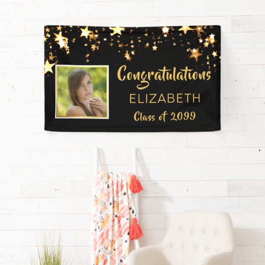 Gefeliciteerd Afstuderen Black & Gold Stars Foto Spandoek