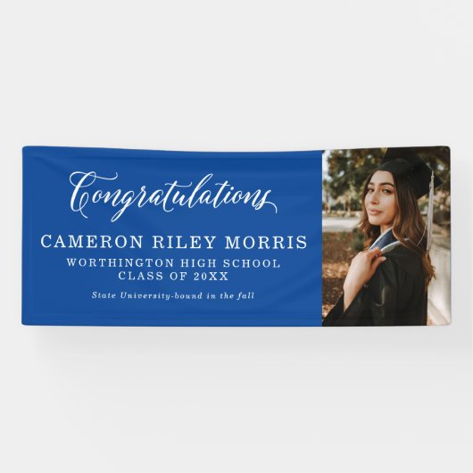 Gefeliciteerd afstuderen blauw afstuderen foto spandoek (Horizontaal)