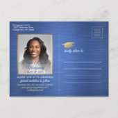 Gefeliciteerd Afstuderen Blauw De datumfoto opslaa Aankondigingskaart (Achterkant)