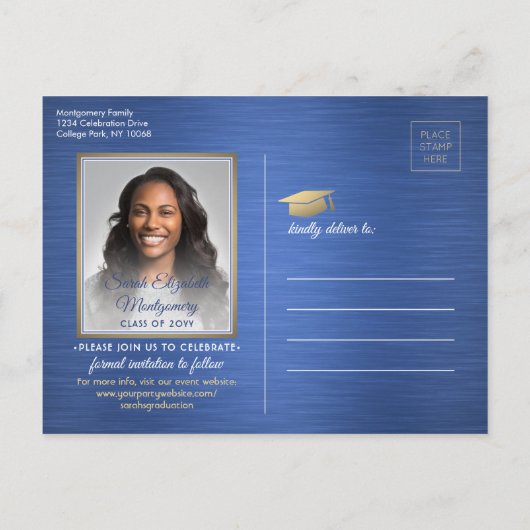 Gefeliciteerd Afstuderen Blauw De datumfoto opslaa Aankondigingskaart (Achterkant)