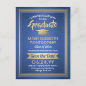 Gefeliciteerd Afstuderen Blauw De datumfoto opslaa Aankondigingskaart (Voorkant)