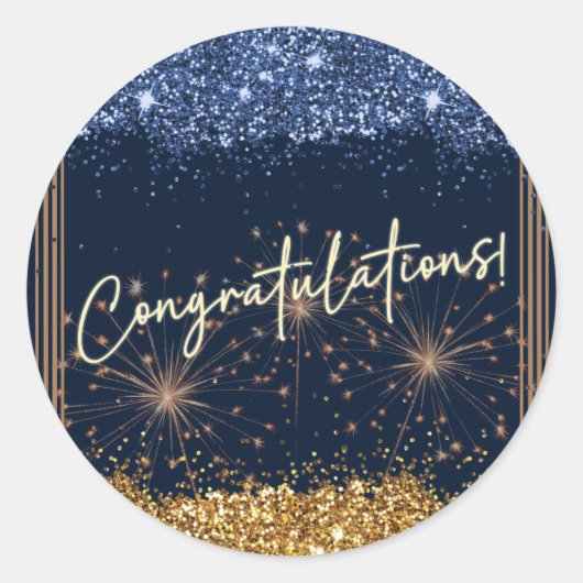 Gefeliciteerd Afstuderen Blauw & Goud Glans Ronde Sticker (Voorkant)