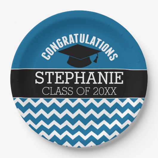 Gefeliciteerd Afstuderen - Blauw zwart Afstuderen Papieren Bordje (Voorkant)