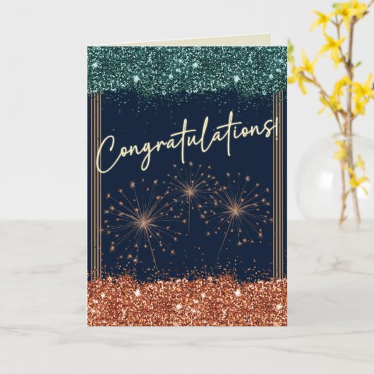 Gefeliciteerd Afstuderen Blauwgroen & Oranje Spark Kaart (Gele Bloem)