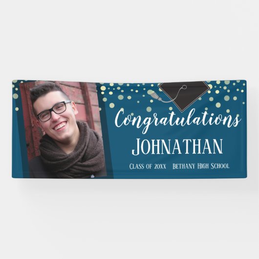 Gefeliciteerd Afstuderen Blue Confetti Foto Spandoek (Horizontaal)