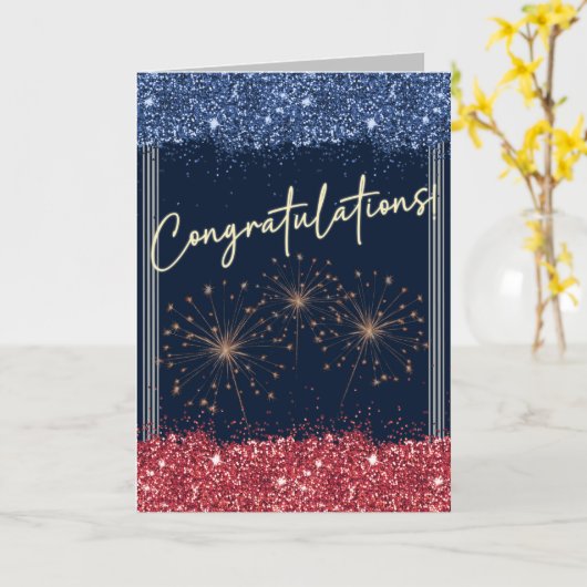 Gefeliciteerd Afstuderen Blue & Red Sparkle Kaart (Gele Bloem)