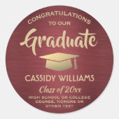 Gefeliciteerd, Afstuderen Burgundy Red en Gold Ronde Sticker (Voorkant)
