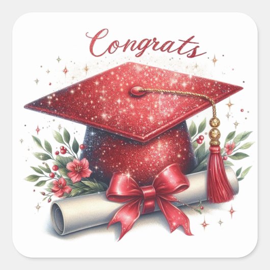 Gefeliciteerd Afstuderen Cap en Diploma Vierkante Sticker (Voorkant)