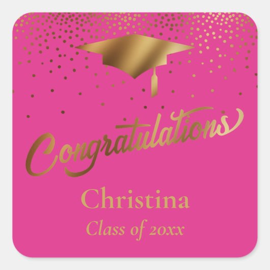 Gefeliciteerd Afstuderen, Class of Gold op Pink Vierkante Sticker (Voorkant)