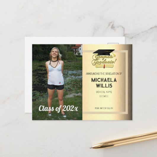 Gefeliciteerd Afstuderen Diploma Afstuderen pet Aankondigingskaart (Voorkant / Achterkant in situ)