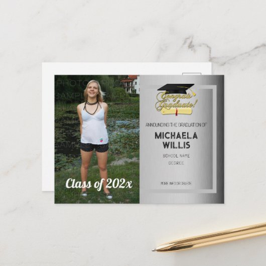 Gefeliciteerd Afstuderen Diploma Afstuderen pet gr Aankondigingskaart (Voorkant / Achterkant in situ)