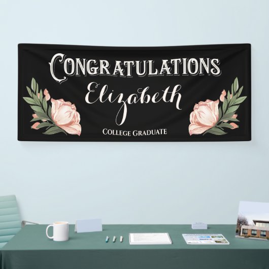 Gefeliciteerd Afstuderen Flowers Black Pink Spandoek (Beurs)