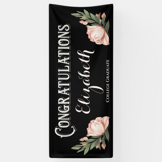 Gefeliciteerd Afstuderen Flowers Black Pink Spandoek (Verticaal)