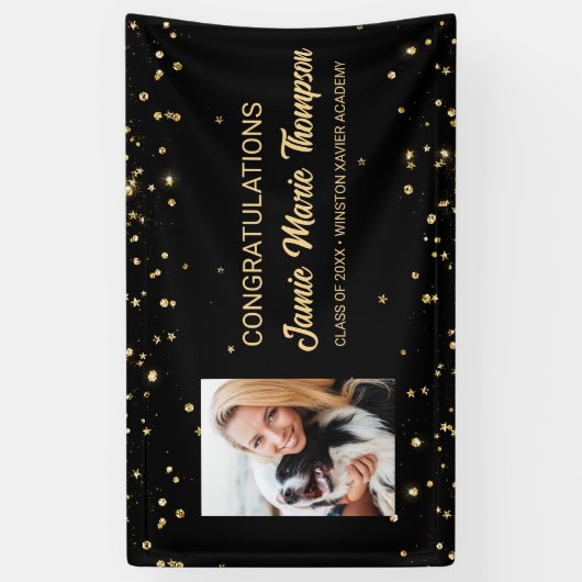 Gefeliciteerd afstuderen Foto gouden confetti Spandoek (Verticaal)