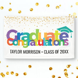 Gefeliciteerd Afstuderen Fun Colorful Gold Glitter Spandoek