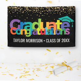 Gefeliciteerd Afstuderen Fun Colorful Gold Glitter Spandoek