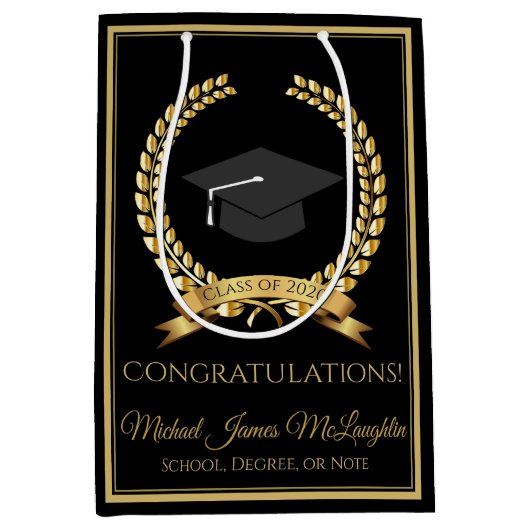 Gefeliciteerd Afstuderen Gift Bag Gold op zwart Medium Cadeauzakje (Voorkant)