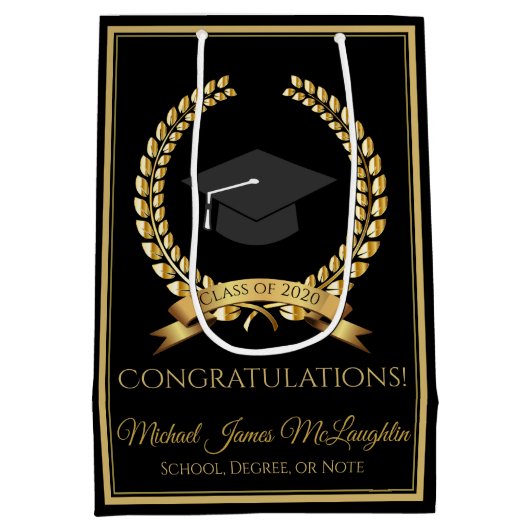 Gefeliciteerd Afstuderen Gift Bag Gold op zwart Medium Cadeauzakje (Achterkant)