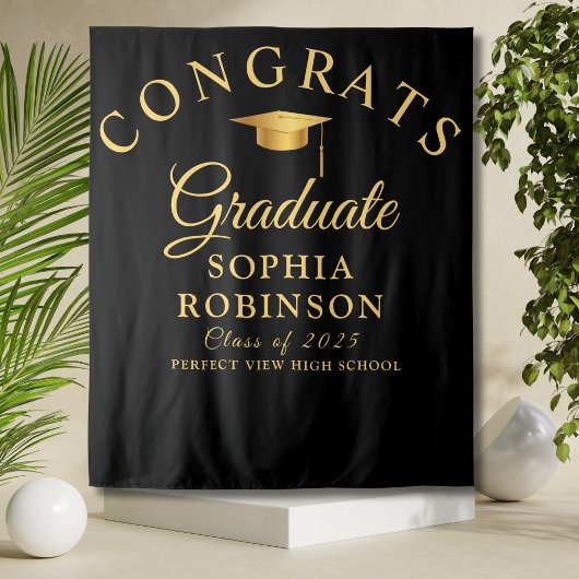 Gefeliciteerd Afstuderen Gold Black Graduation Par Wandkleed