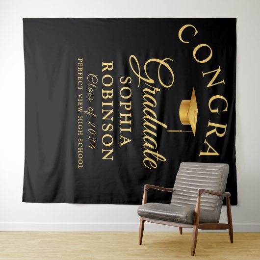 Gefeliciteerd Afstuderen Gold Black Graduation Par Wandkleed (In Situ (horizontaal))