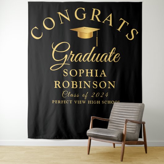 Gefeliciteerd Afstuderen Gold Black Graduation Par Wandkleed (In situ)