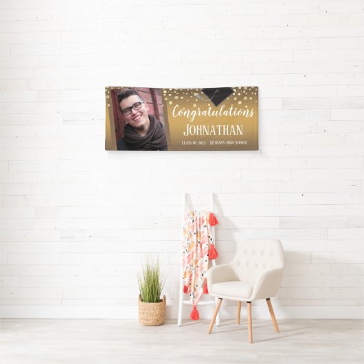 Gefeliciteerd Afstuderen Gold Confetti Foto Spandoek (Insitu)