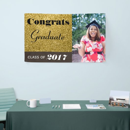 Gefeliciteerd Afstuderen Gold Glitter Spandoek (Beurs)