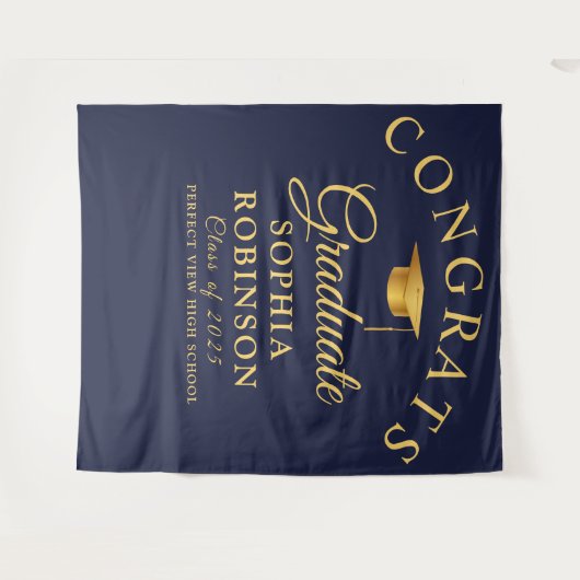Gefeliciteerd Afstuderen Gold Navy Blue Graduation Wandkleed (Voorkant (horizontaal))