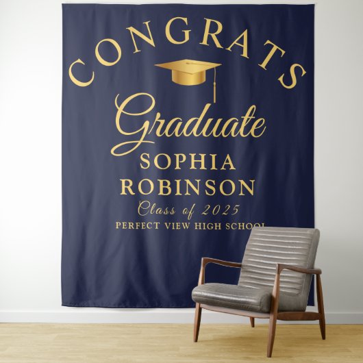 Gefeliciteerd Afstuderen Gold Navy Blue Graduation Wandkleed (In situ)