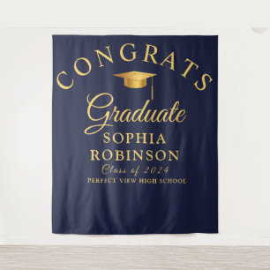 Gefeliciteerd Afstuderen Gold Navy Blue Graduation Wandkleed