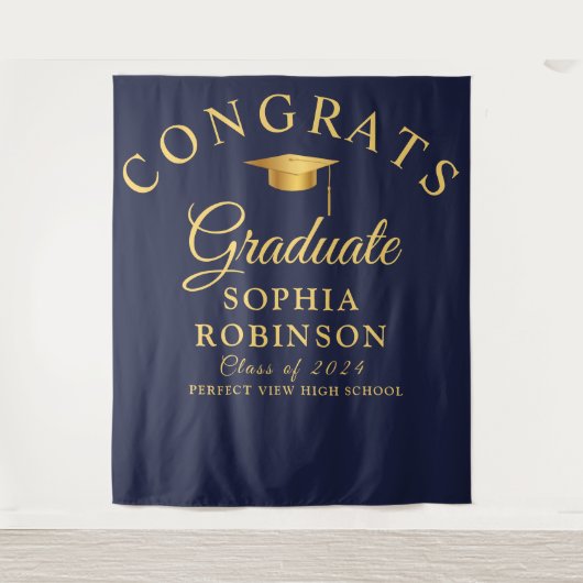 Gefeliciteerd Afstuderen Gold Navy Blue Graduation Wandkleed (Voorkant)