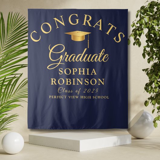 Gefeliciteerd Afstuderen Gold Navy Blue Graduation Wandkleed