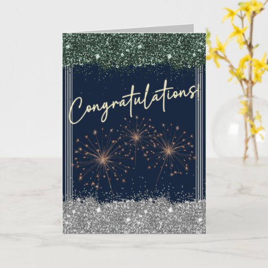 Gefeliciteerd Afstuderen Green & Silver Sparkle Kaart (Gele Bloem)