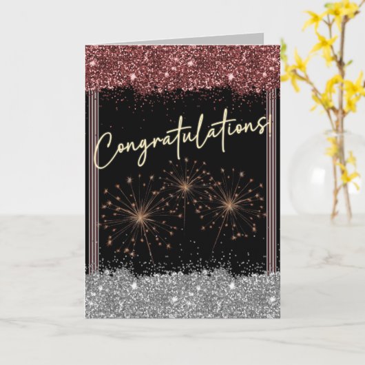 Gefeliciteerd Afstuderen Maroon & Silver Sparkle Kaart (Gele Bloem)