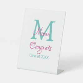 Gefeliciteerd afstuderen naam monogram groen roze  reclamebord met voetstuk