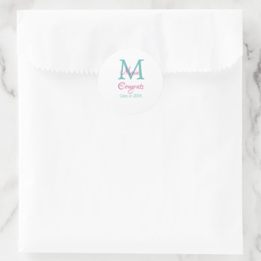 Gefeliciteerd afstuderen naam monogram groen roze  ronde sticker (Tas)